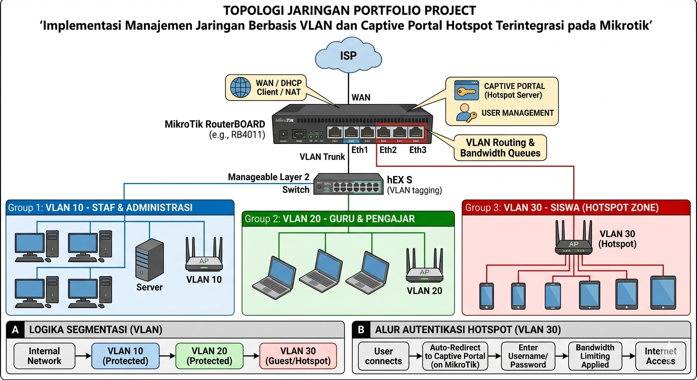 Implementasi Manajemen Jaringan Berbasis VLAN dan Captive Portal Hotspot Terintegrasi pada Mikrotik